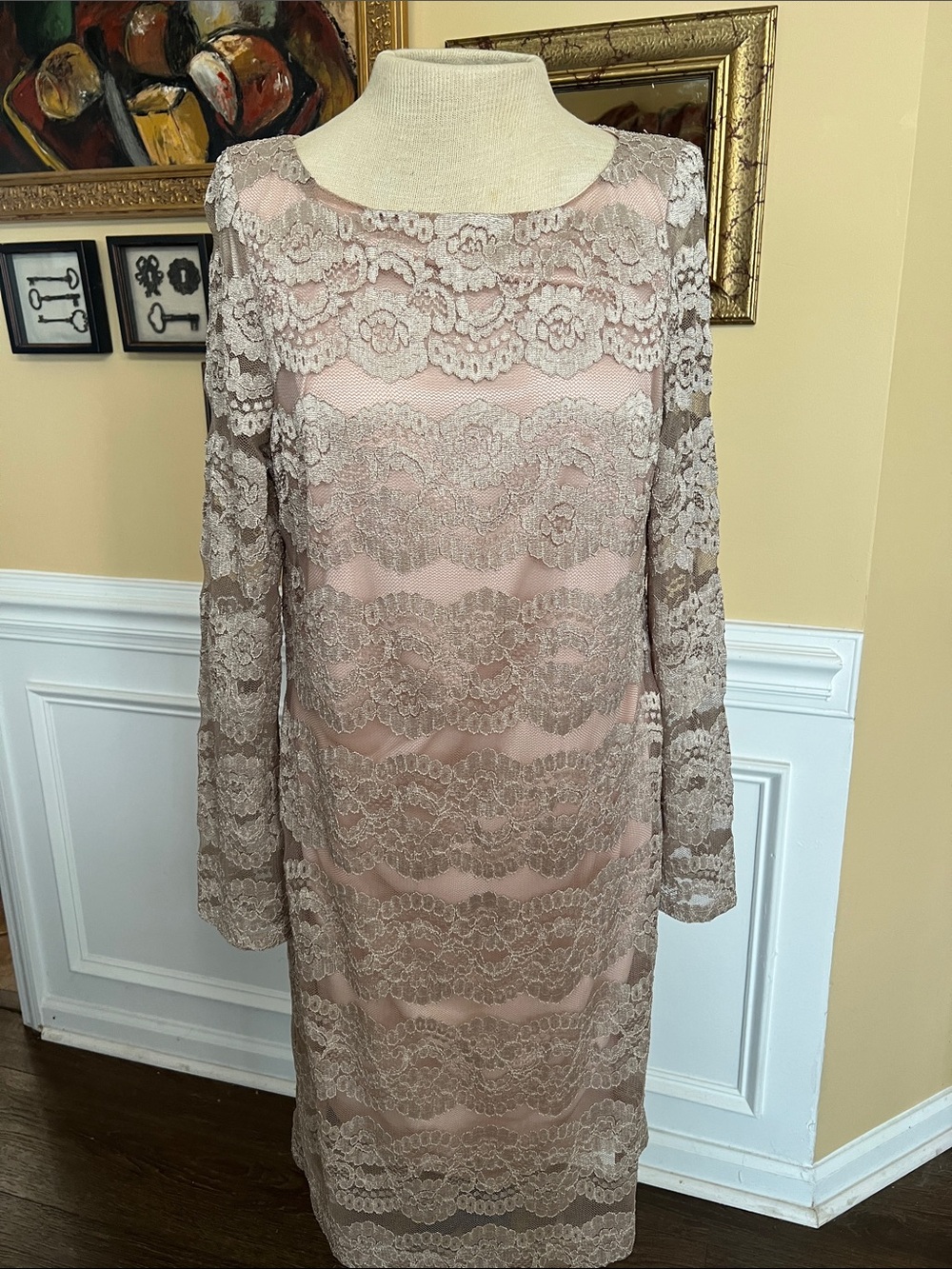 jcpenney Blush Pink and Taupe Lace Long-Sleeve Shift Dress